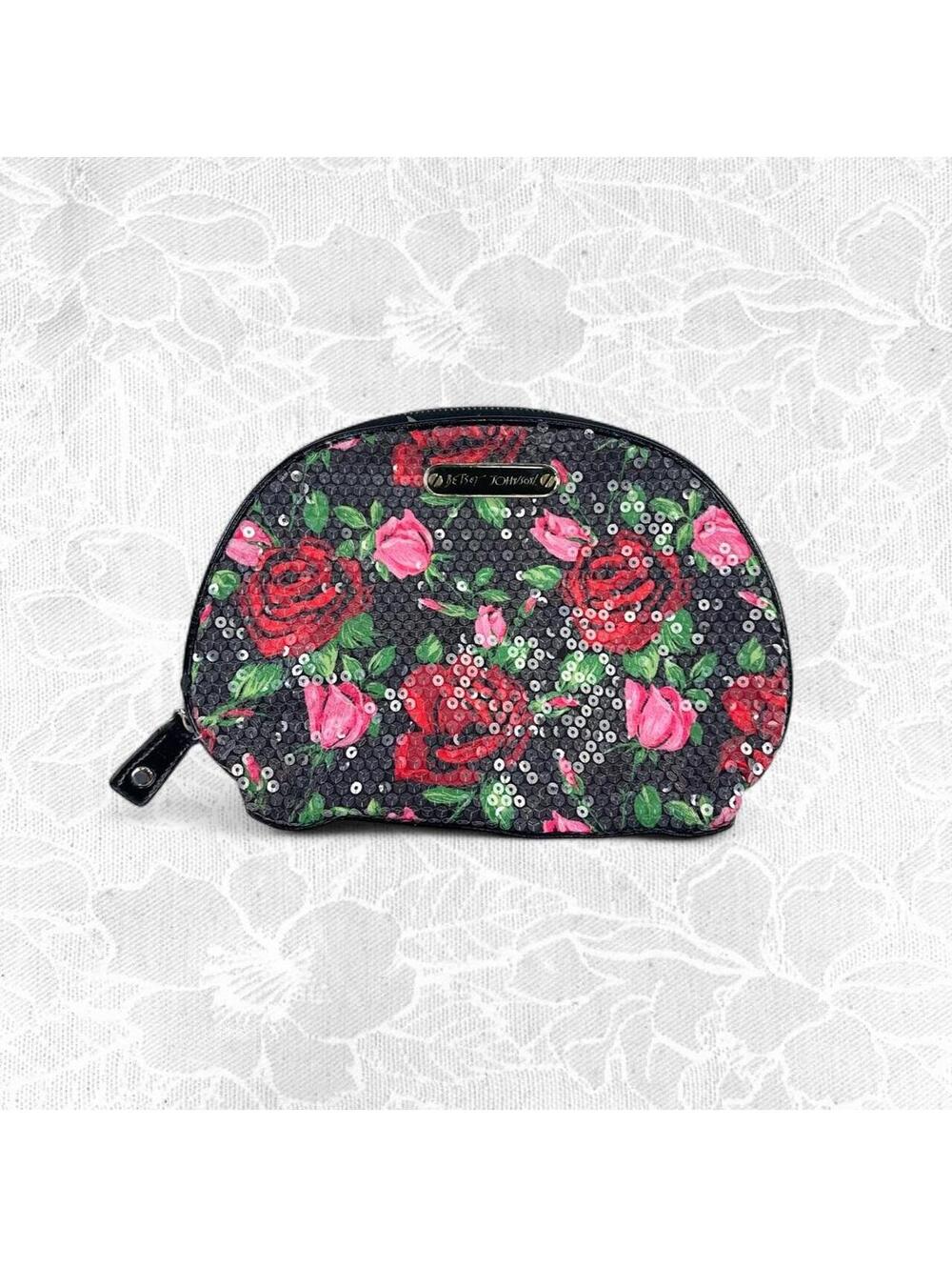 Betsy Johnson Y2K Black & Pink Floral Sequin Make-Up Bag